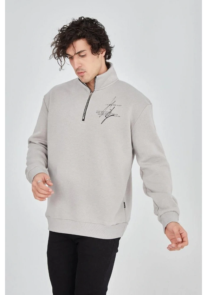 Erkek Yarım Fermuarlı Baskılı Sweat - Boyalı Gri