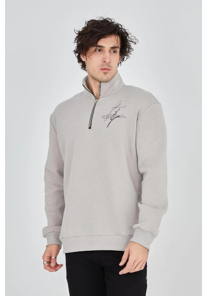 Erkek Yarım Fermuarlı Baskılı Sweat - Boyalı Gri