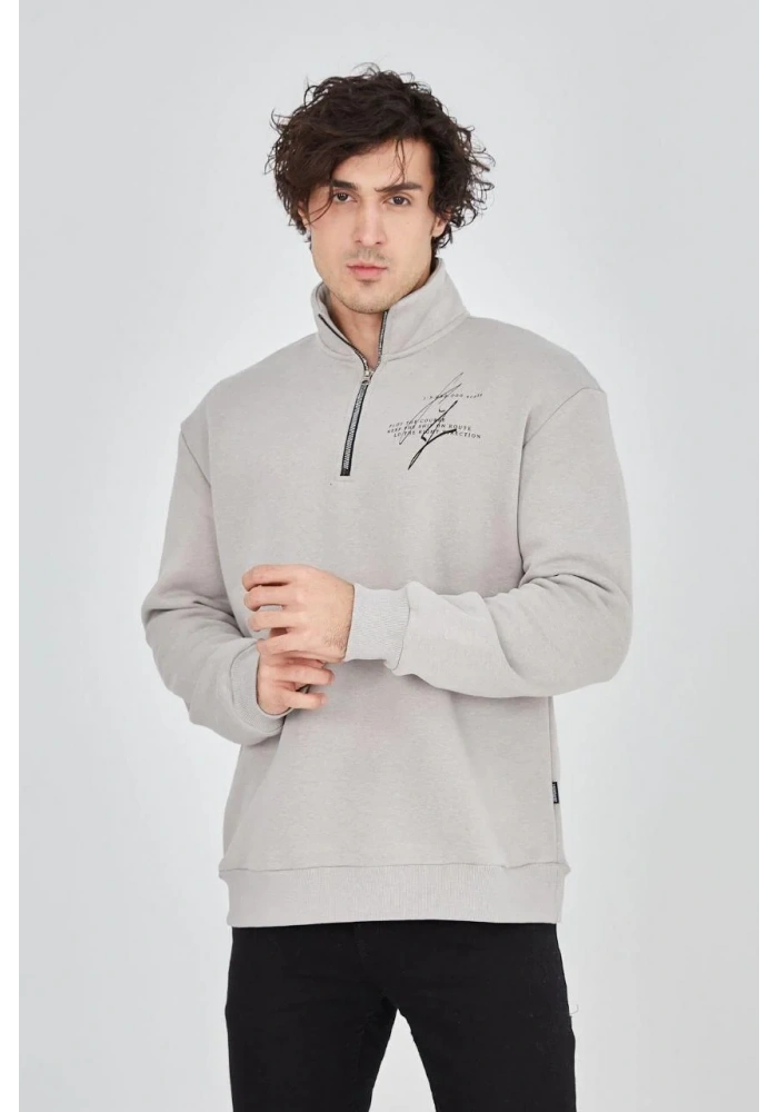 Erkek Yarım Fermuarlı Baskılı Sweat - Boyalı Gri