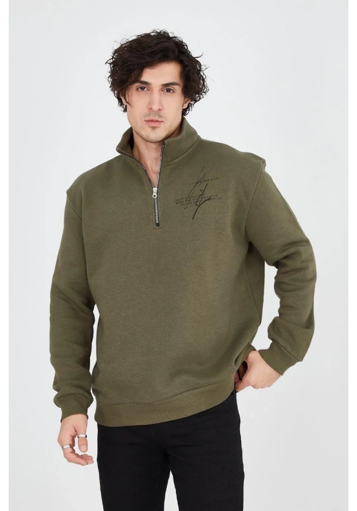 Erkek Yarım Fermuarlı Baskılı Sweat - Yeşil
