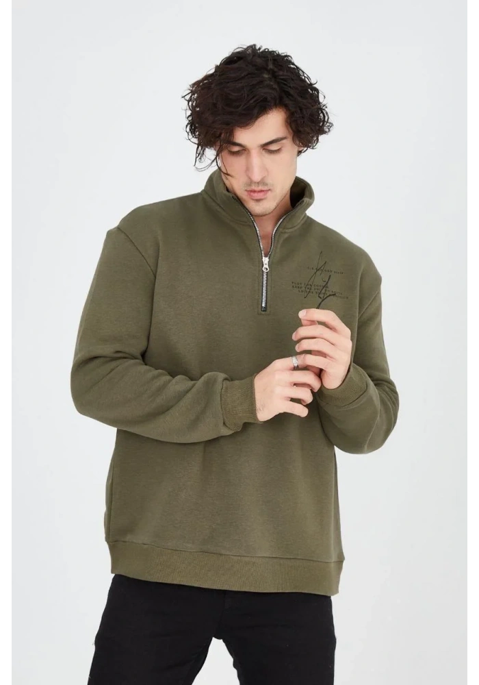 Erkek Yarım Fermuarlı Baskılı Sweat - Yeşil