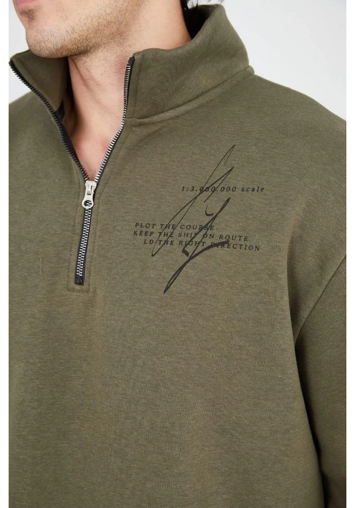 Erkek Yarım Fermuarlı Baskılı Sweat - Yeşil