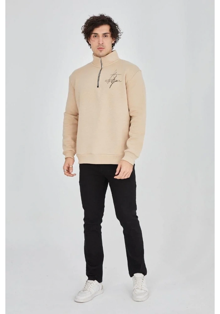 Erkek Yarım Fermuarlı Baskılı 3 iplik pamuklu sweatshirt - Bej