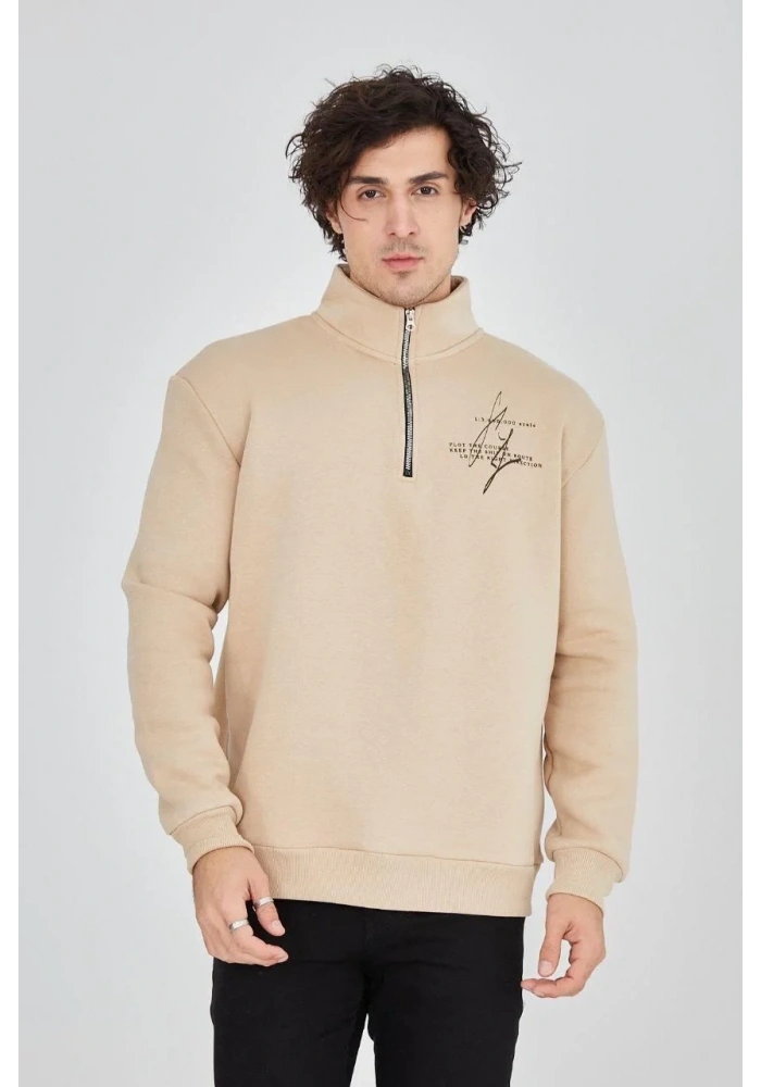 Erkek Yarım Fermuarlı Baskılı 3 iplik pamuklu sweatshirt - Bej