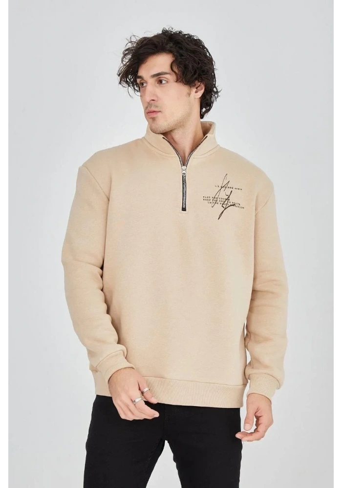 Erkek Yarım Fermuarlı Baskılı 3 iplik pamuklu sweatshirt - Bej
