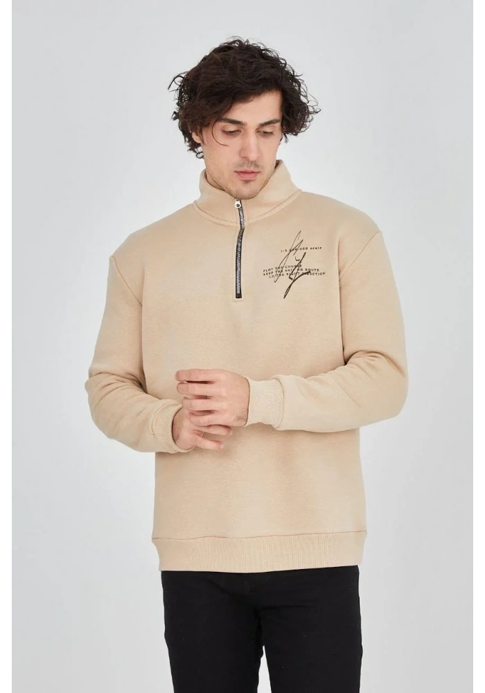 Erkek Yarım Fermuarlı Baskılı 3 iplik pamuklu sweatshirt - Bej