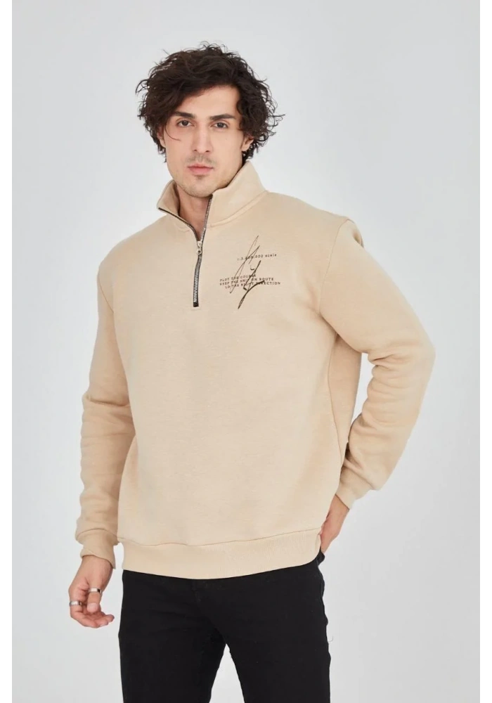 Erkek Yarım Fermuarlı Baskılı 3 iplik pamuklu sweatshirt - Bej