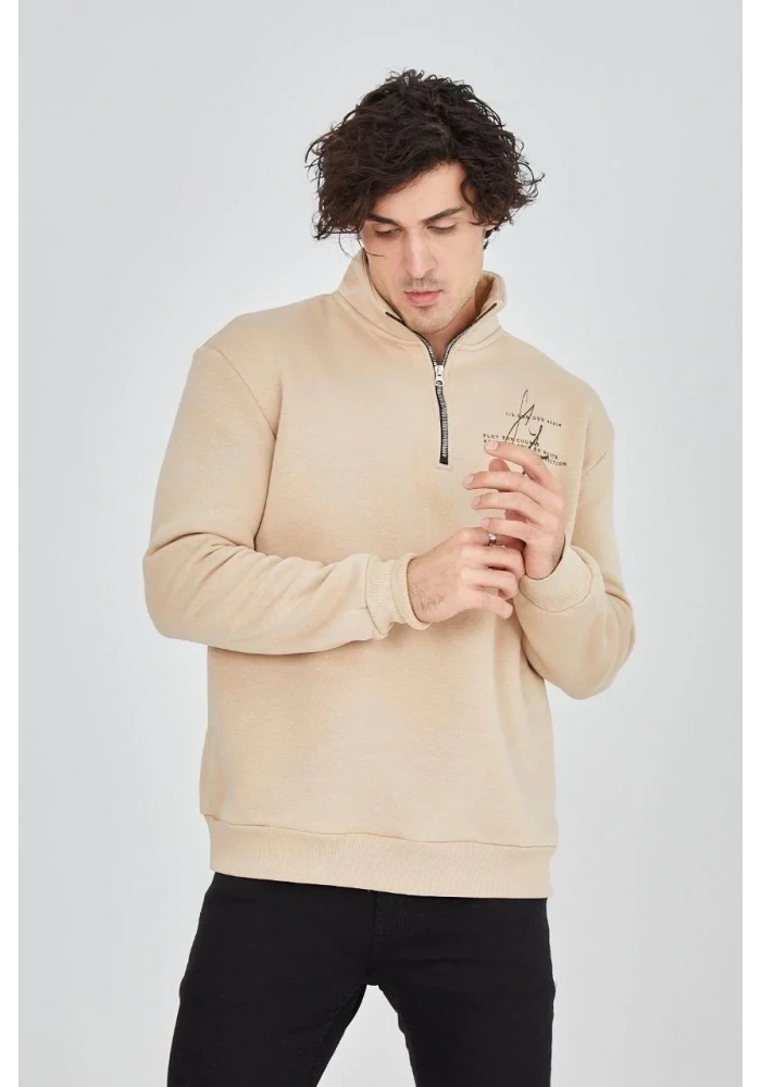 Erkek Yarım Fermuarlı Baskılı 3 iplik pamuklu sweatshirt - Bej