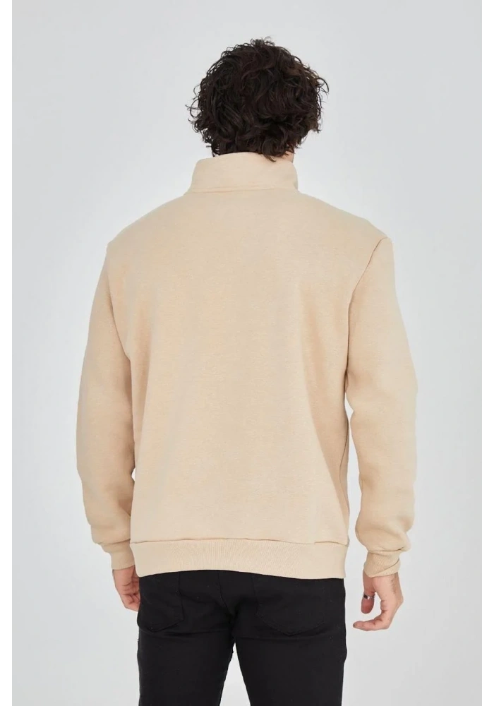 Erkek Yarım Fermuarlı Baskılı 3 iplik pamuklu sweatshirt - Bej