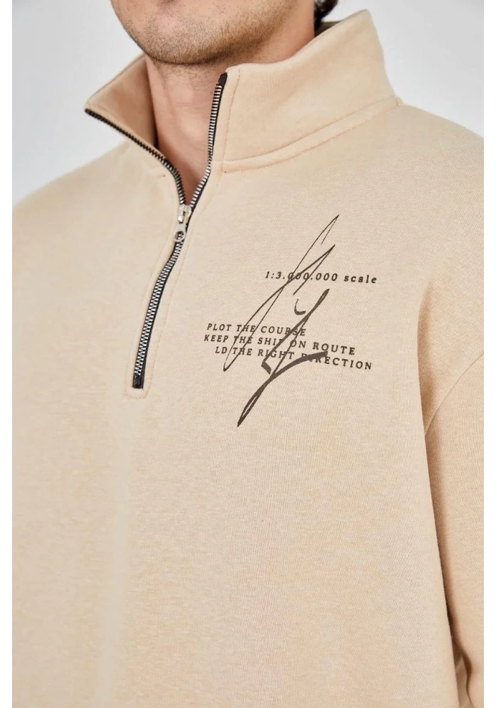 Erkek Yarım Fermuarlı Baskılı 3 iplik pamuklu sweatshirt - Bej
