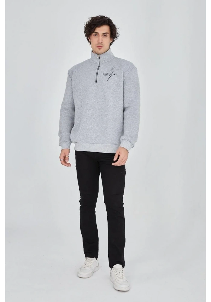 Erkek Yarım Fermuarlı Baskılı 3 iplik pamuklu sweatshirt - Gri