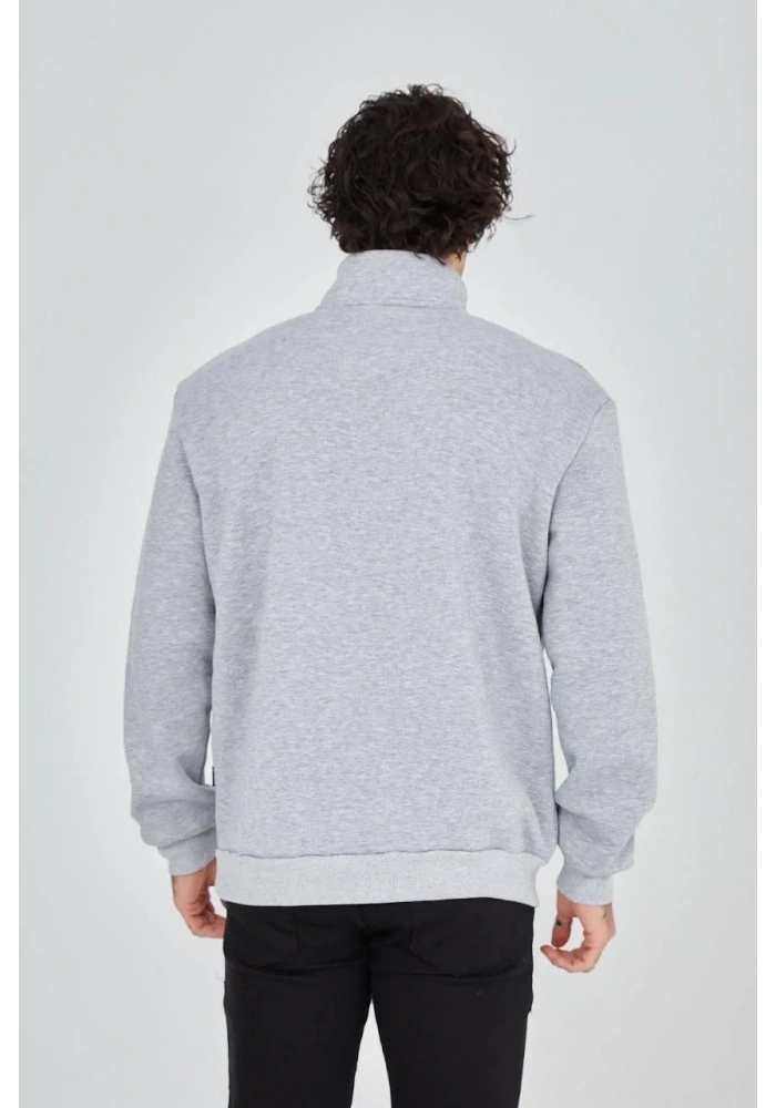 Erkek Yarım Fermuarlı Baskılı 3 iplik pamuklu sweatshirt - Gri