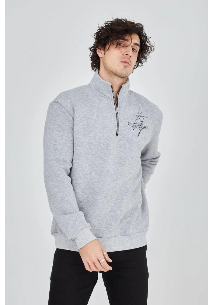 Erkek Yarım Fermuarlı Baskılı 3 iplik pamuklu sweatshirt - Gri