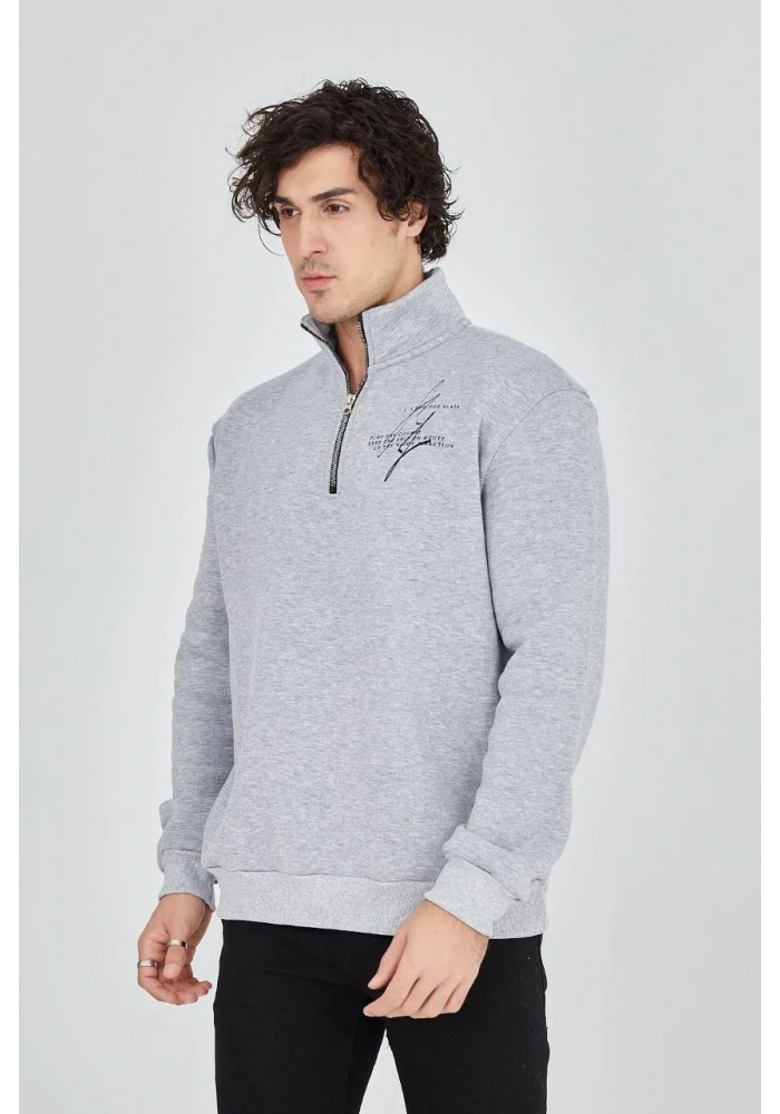 Erkek Yarım Fermuarlı Baskılı 3 iplik pamuklu sweatshirt - Gri