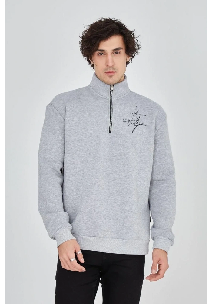 Erkek Yarım Fermuarlı Baskılı 3 iplik pamuklu sweatshirt - Gri
