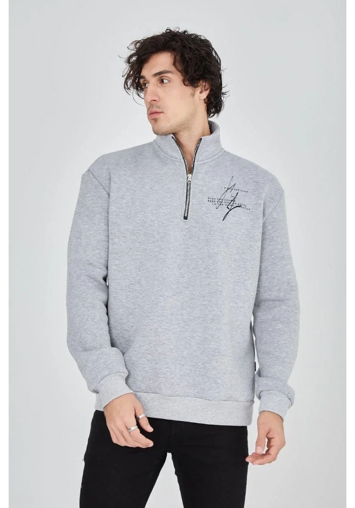 Erkek Yarım Fermuarlı Baskılı 3 iplik pamuklu sweatshirt - Gri