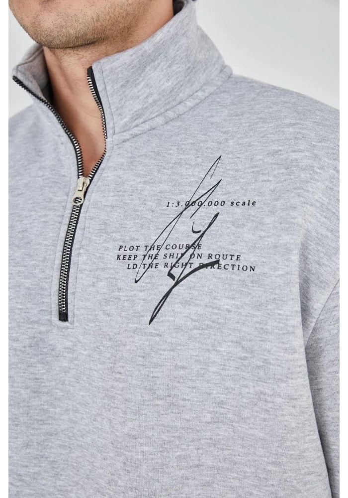Erkek Yarım Fermuarlı Baskılı 3 iplik pamuklu sweatshirt - Gri