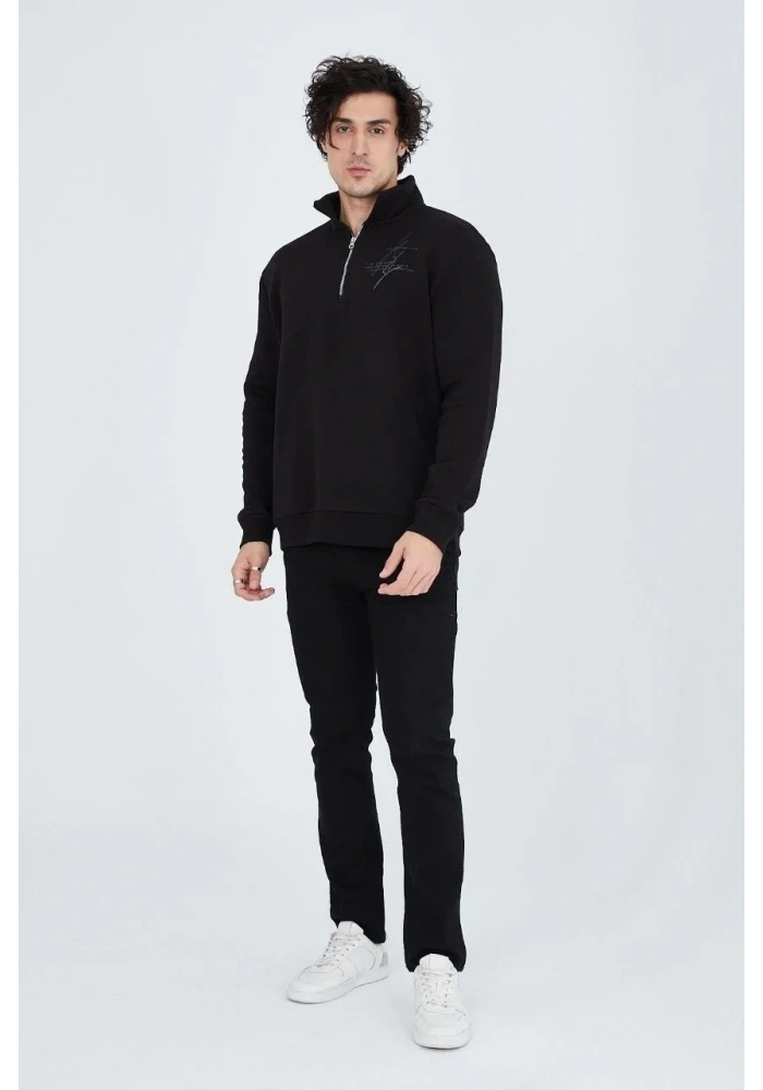 Erkek Yarım Fermuarlı Baskılı 3  iplik pamuklu sweatshirt - Siyah