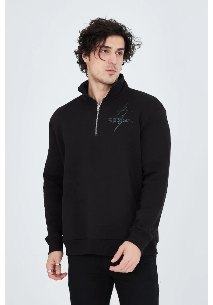 Erkek Yarım Fermuarlı Baskılı 3  iplik pamuklu sweatshirt - Siyah