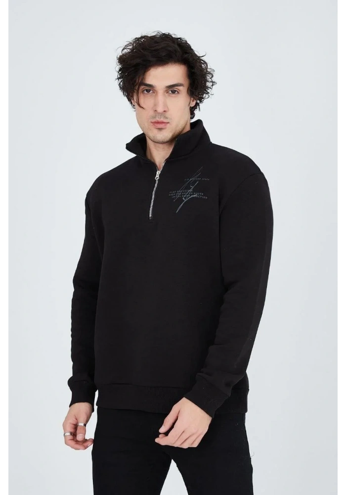 Erkek Yarım Fermuarlı Baskılı 3  iplik pamuklu sweatshirt - Siyah