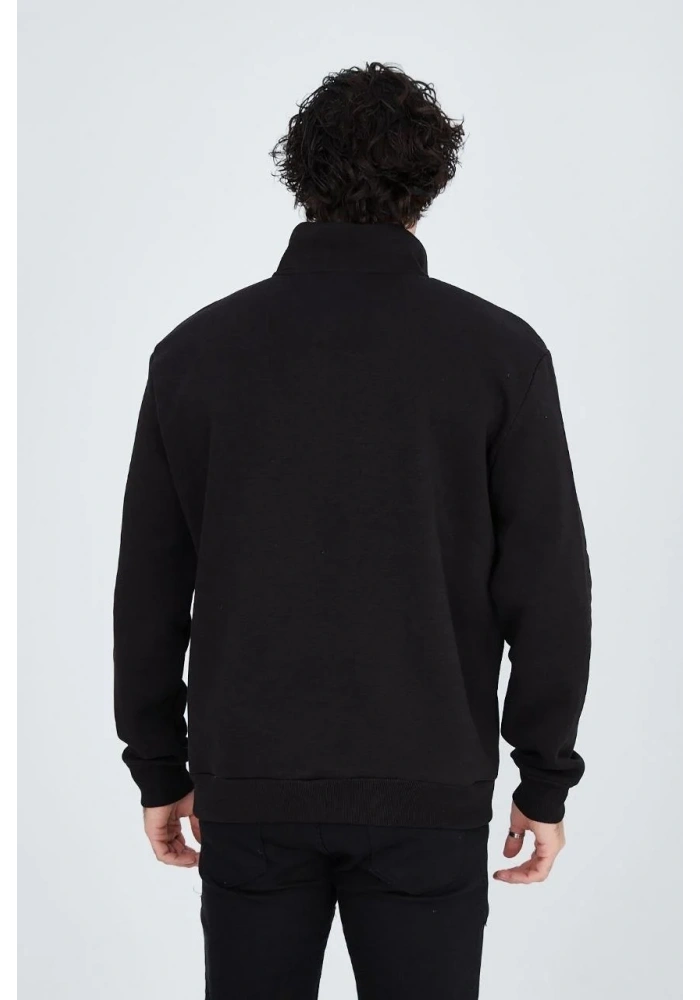 Erkek Yarım Fermuarlı Baskılı 3  iplik pamuklu sweatshirt - Siyah