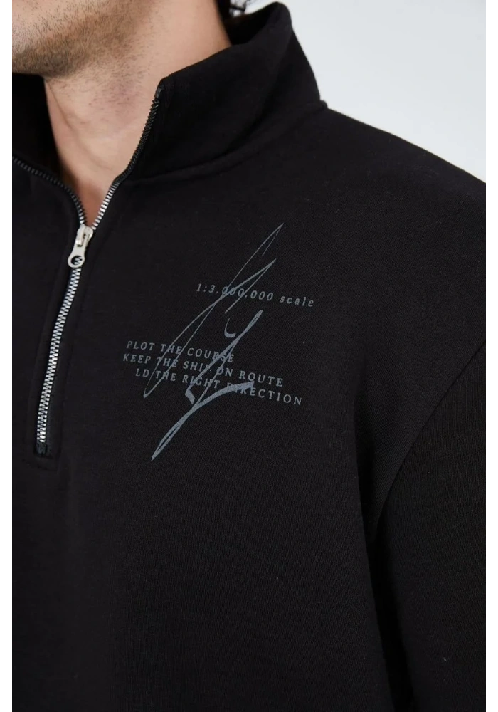 Erkek Yarım Fermuarlı Baskılı 3  iplik pamuklu sweatshirt - Siyah