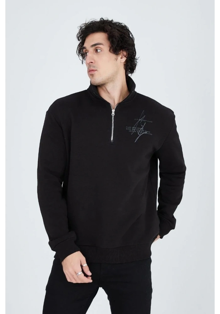 Erkek Yarım Fermuarlı Baskılı 3  iplik pamuklu sweatshirt - Siyah