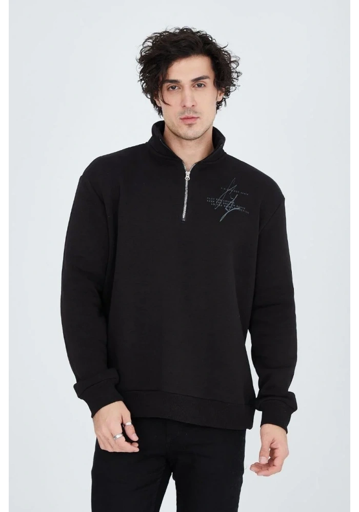 Erkek Yarım Fermuarlı Baskılı 3  iplik pamuklu sweatshirt - Siyah