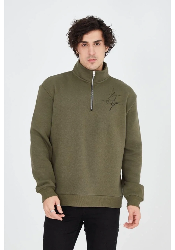 Erkek Yarım Fermuarlı Baskılı 3 iplik pamuklu sweatshirt - Yeşil