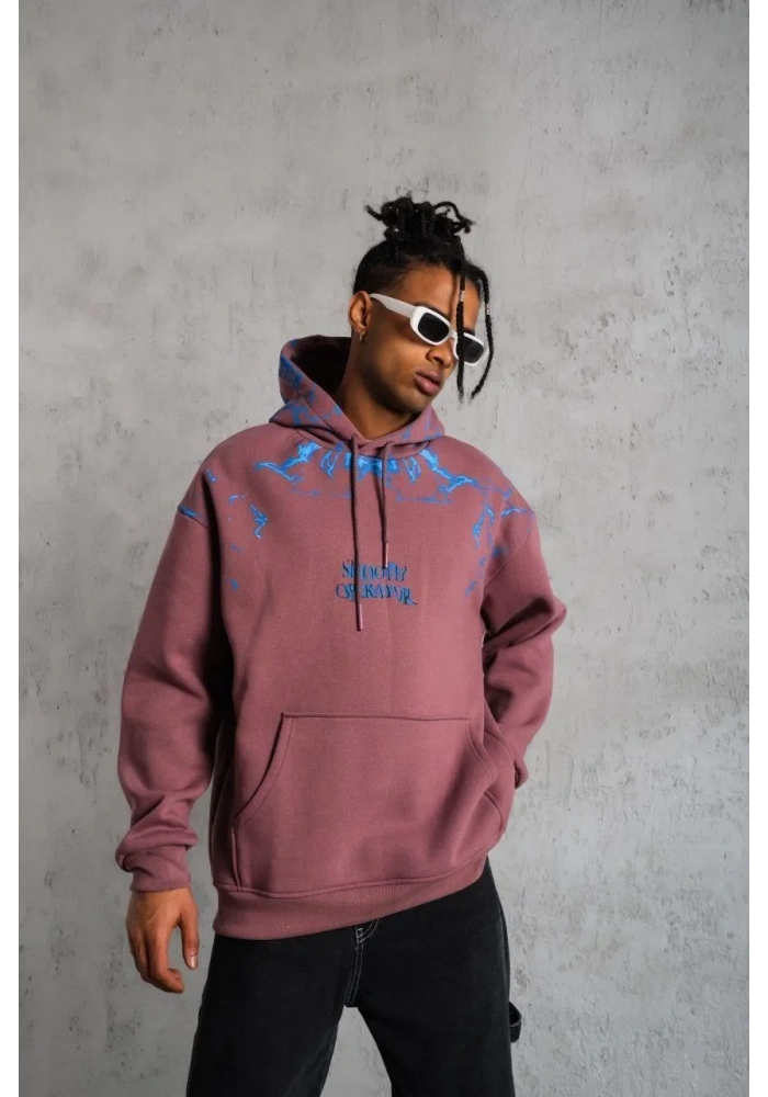 Erkek Yıldırım Baskılı Kapşonlu Sweat - Gül Kurusu