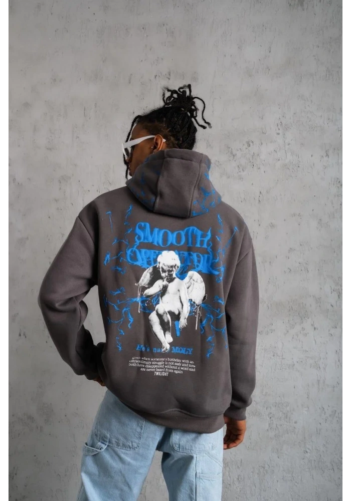 Erkek Yıldırım Baskılı Kapşonlu Sweatshirt - Gri