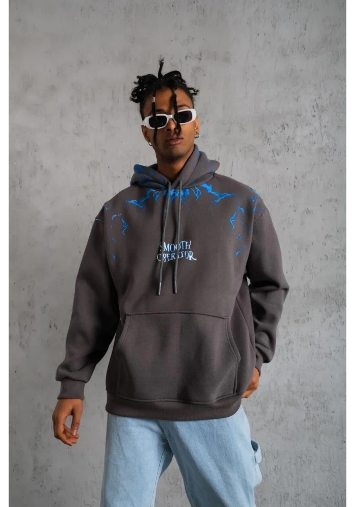 Erkek Yıldırım Baskılı Kapşonlu Sweatshirt - Gri