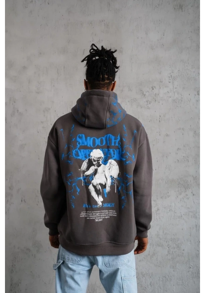 Erkek 3 İplik Pamuklu Kapüşonlu Baskılı Cepli Oversize Sweatshirt Hoodie - Gri