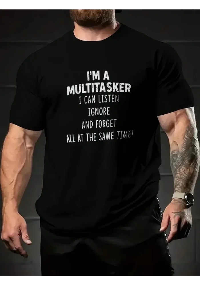 Erkek T-shirt Komik Multitasker Baskılı Kısa kol Tişört - Siyah