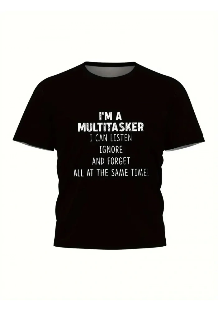 Erkek T-shirt Komik Multitasker Baskılı Kısa kol Tişört - Siyah
