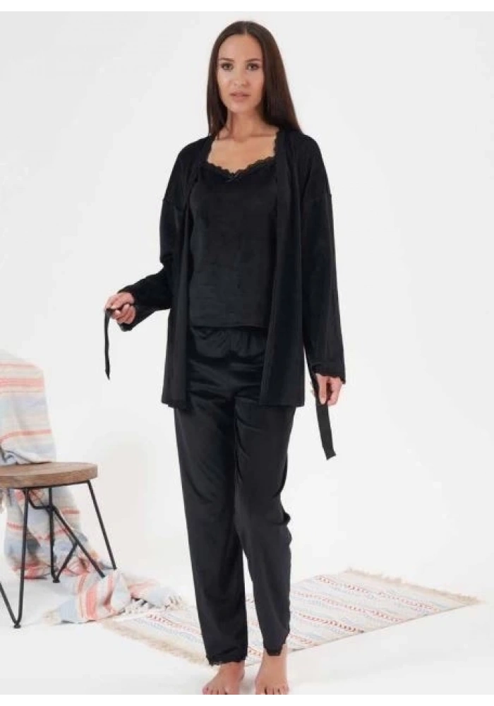 Estiva 24397 Bayan Kadife 3lü Pijama Takım