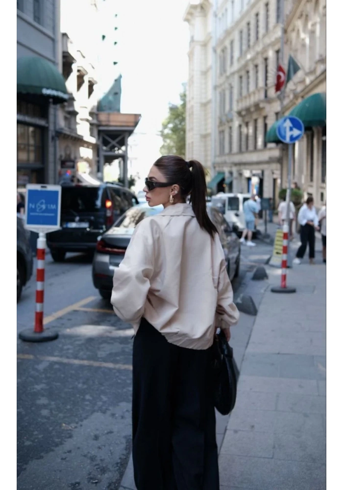 Fermuarlı Gömlek Yaka Bomber Ceket - Beyaz