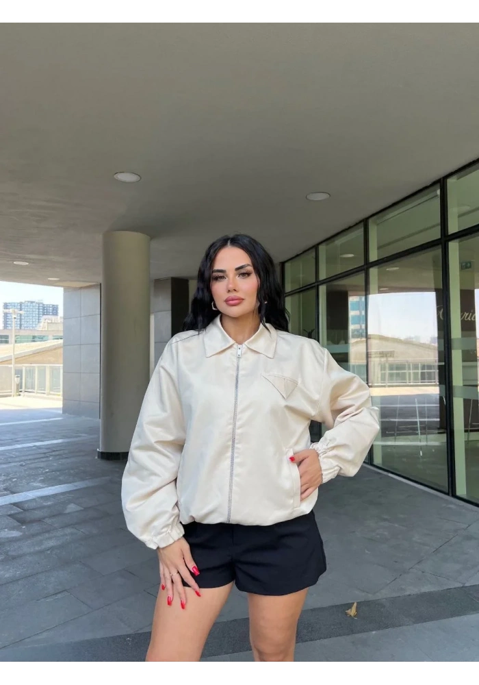 Fermuarlı Gömlek Yaka Bomber Ceket - Beyaz