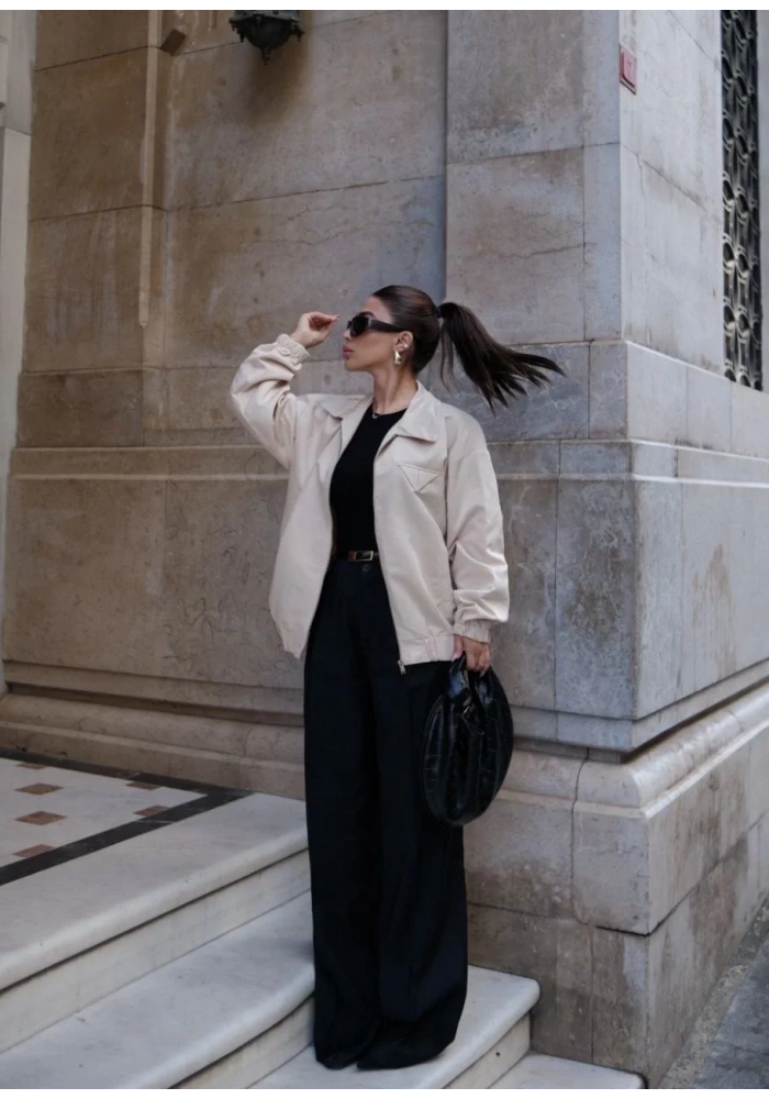 Fermuarlı Gömlek Yaka Bomber Ceket - Beyaz