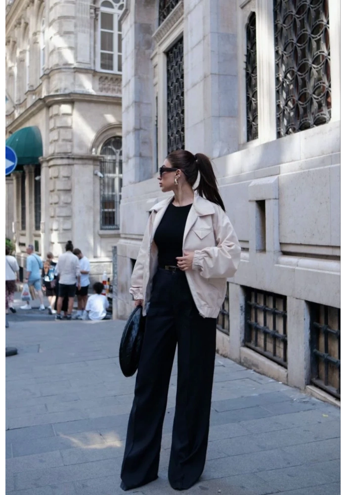 Fermuarlı Gömlek Yaka Bomber Ceket - Beyaz