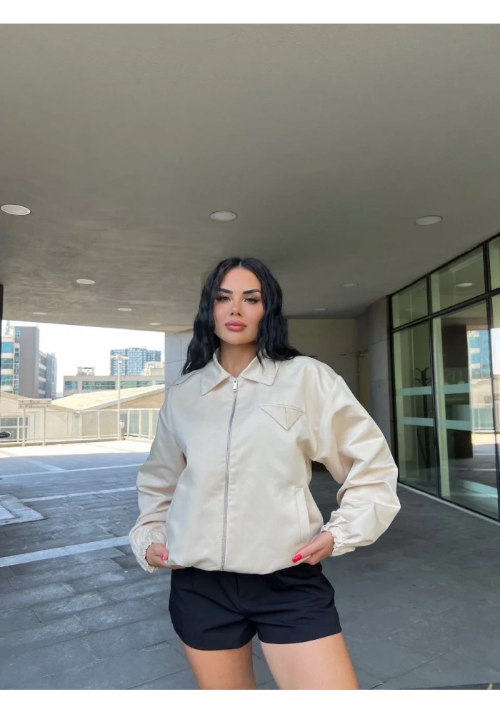 Fermuarlı Gömlek Yaka Bomber Ceket - Beyaz