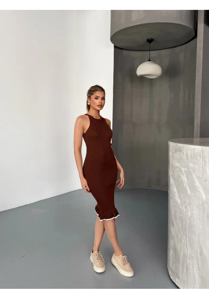 Fırfır Detaylı Triko Elbise- Kahverengi