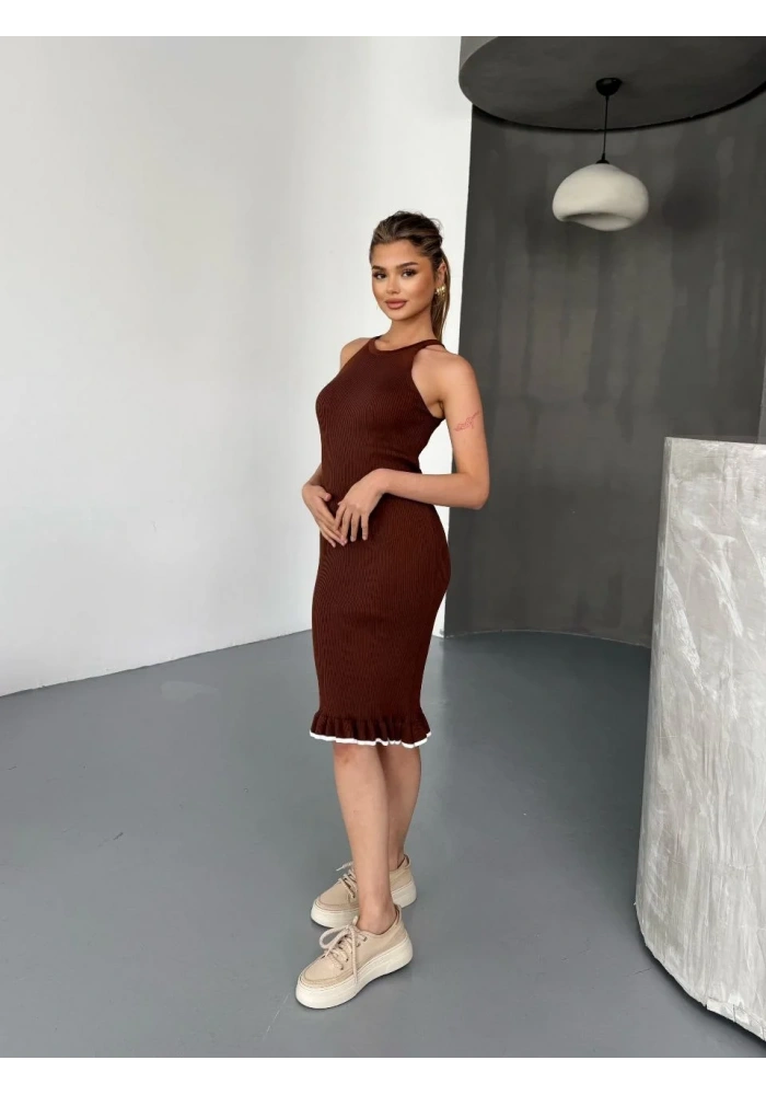 Fırfır Detaylı Triko Elbise- Kahverengi