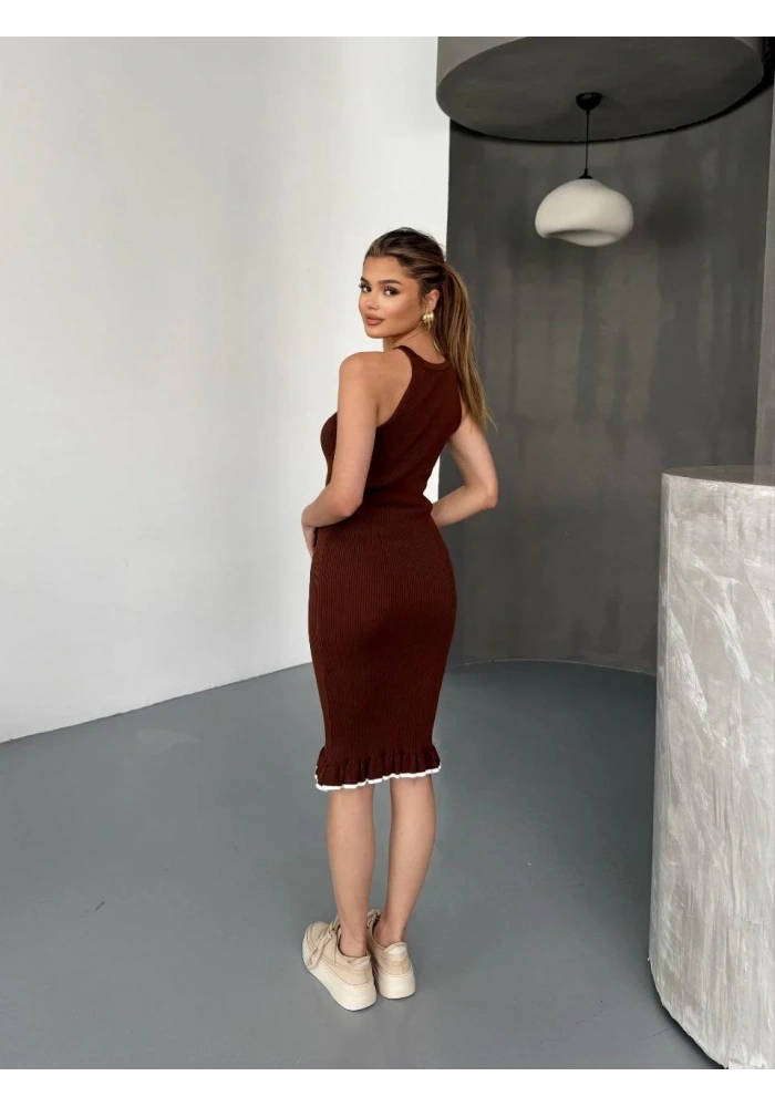 Fırfır Detaylı Triko Elbise- Kahverengi