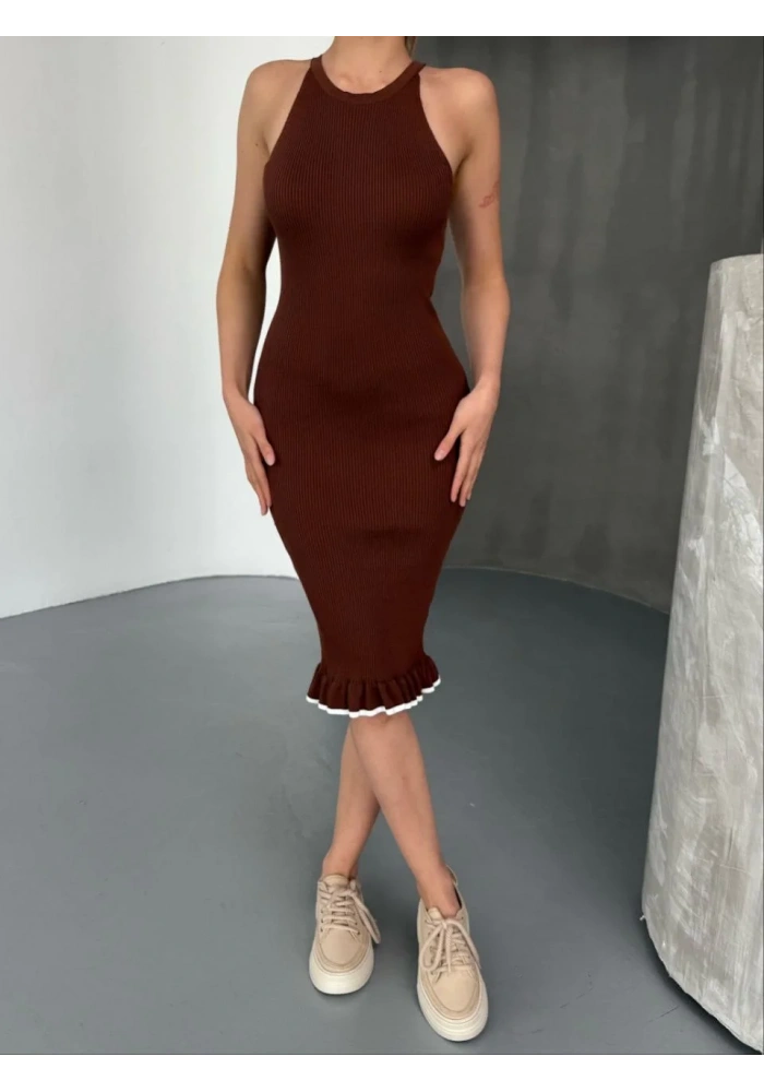Fırfır Detaylı Triko Elbise- Kahverengi