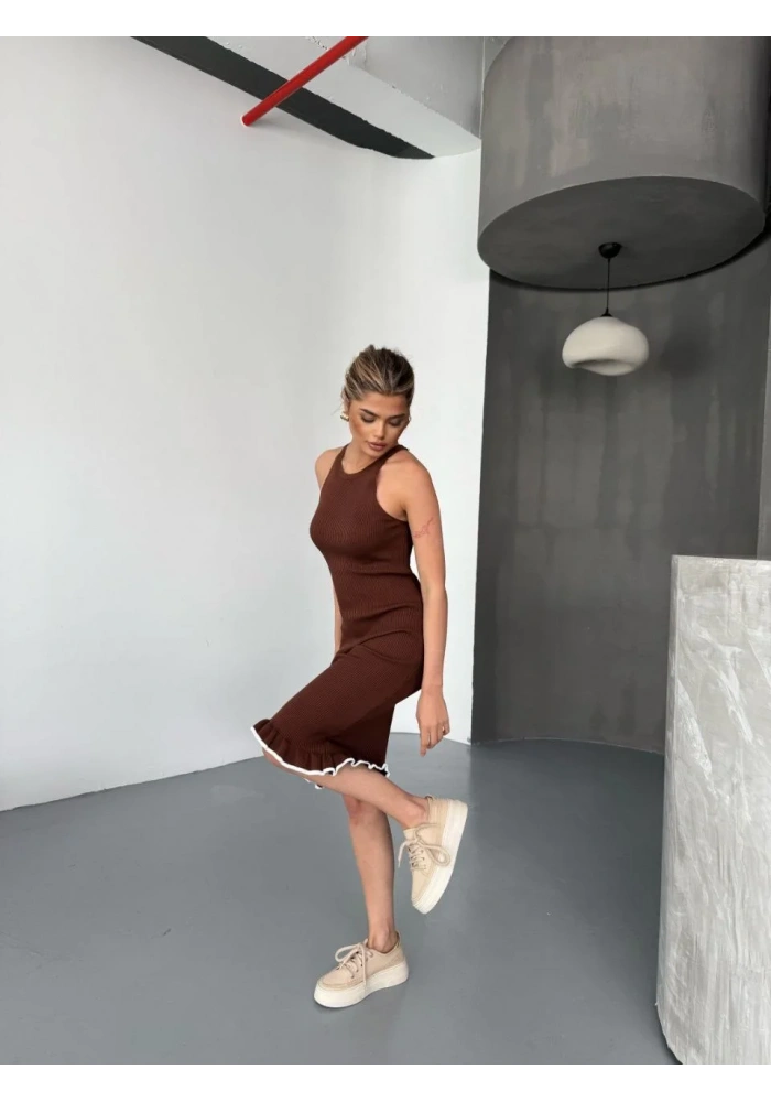 Fırfır Detaylı Triko Elbise- Kahverengi