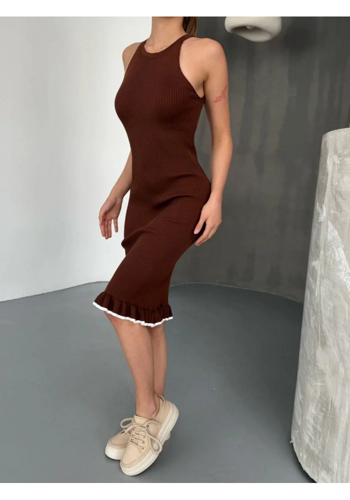 Fırfır Detaylı Triko Elbise- Kahverengi