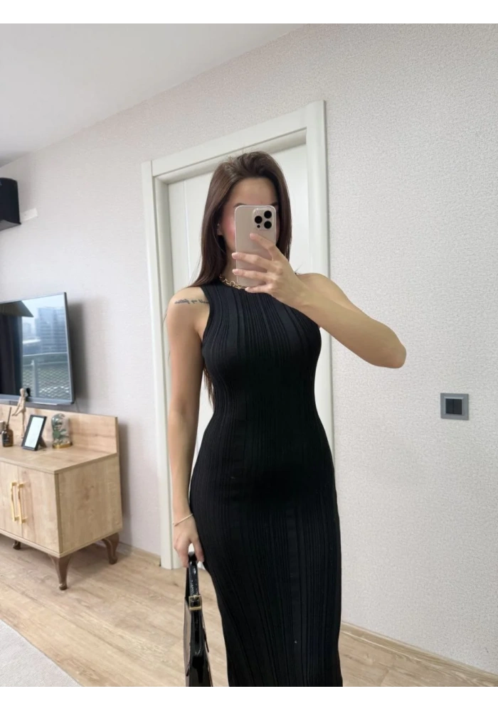 Fitilli Triko Elbise Kolsuz Sırtı Kapalı Maxi Uzun Boy - Siyah