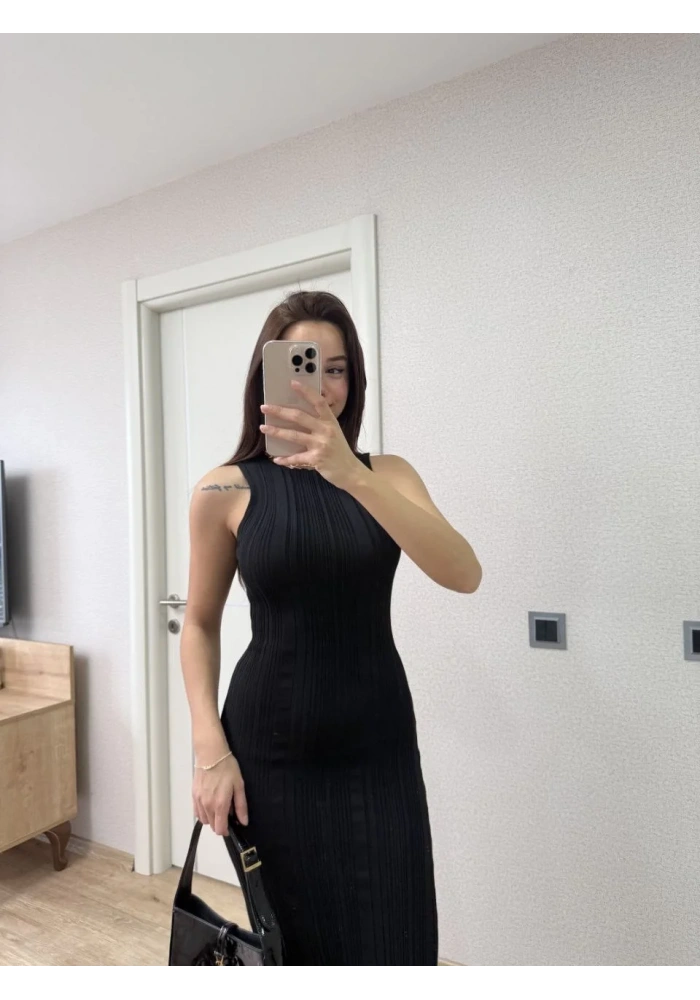 Fitilli Triko Elbise Kolsuz Sırtı Kapalı Maxi Uzun Boy - Siyah