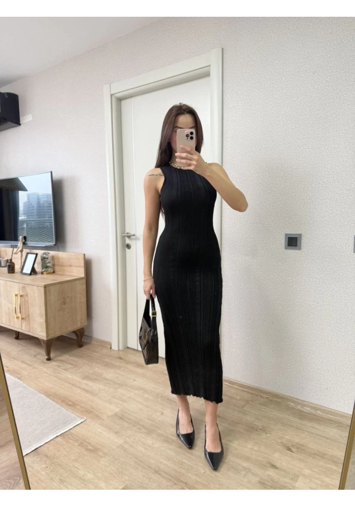 Fitilli Triko Elbise Kolsuz Sırtı Kapalı Maxi Uzun Boy - Siyah